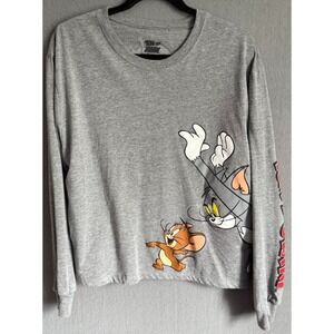 Tom And Jerry Sweatshirt Women XL Gray Graphic Long Sleeve Cartoon Crew Neck Top